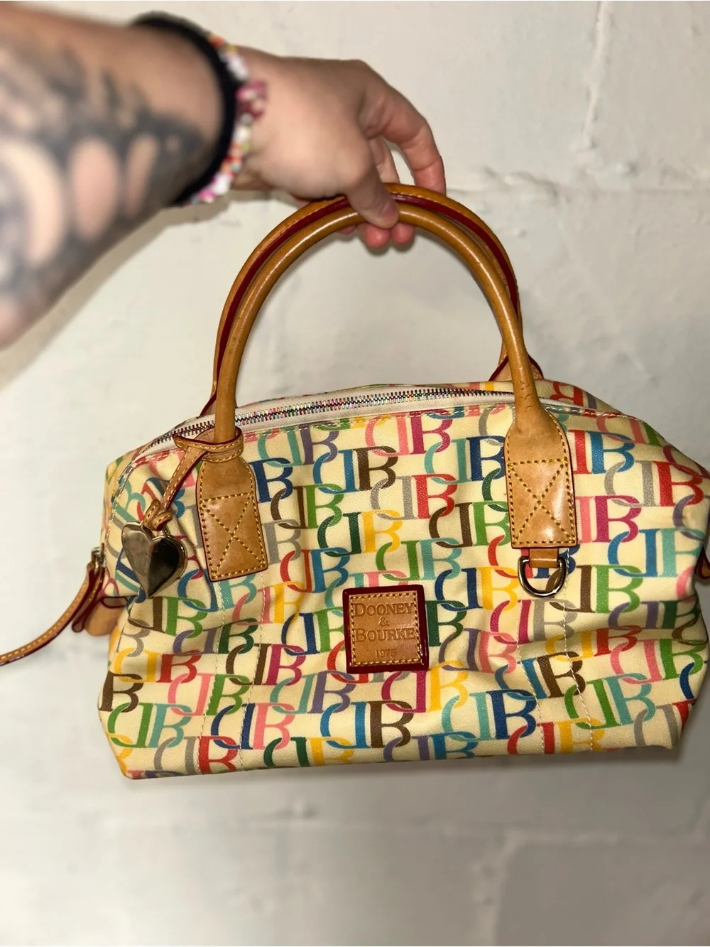 Dooney & Bourke Multicolor Logo Satchel with Tan Trim